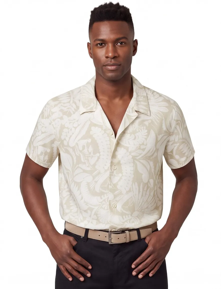 Overhemd BOSS Black beige Beach lijn bladeren print