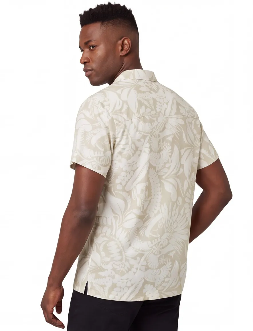 Overhemd BOSS Black beige Beach lijn bladeren print