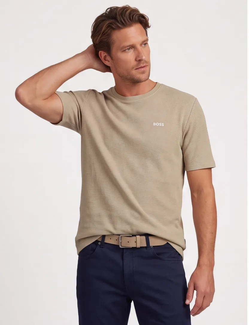 T-shirt BOSS black ronde hals beige waffel textuur