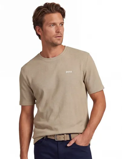 Hugo Boss T-shirt BOSS black ronde hals beige waffel textuur
