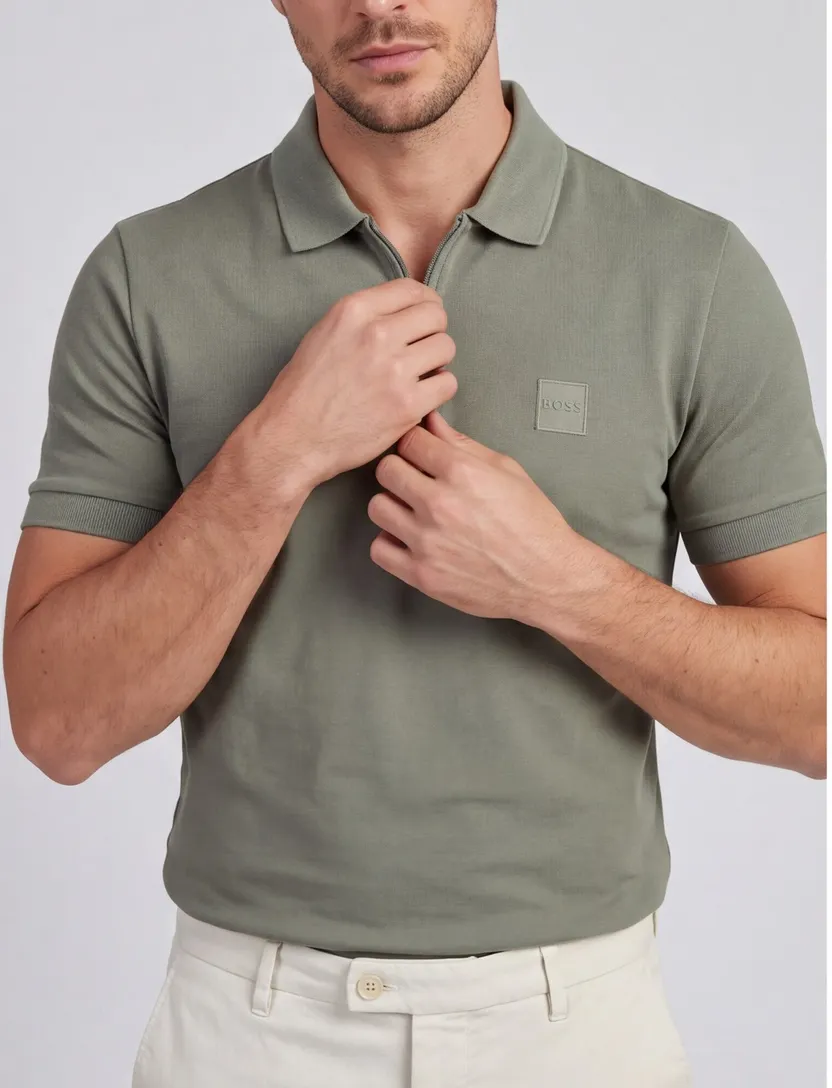 Poloshirt Boss Orange groen rits normale fit pique