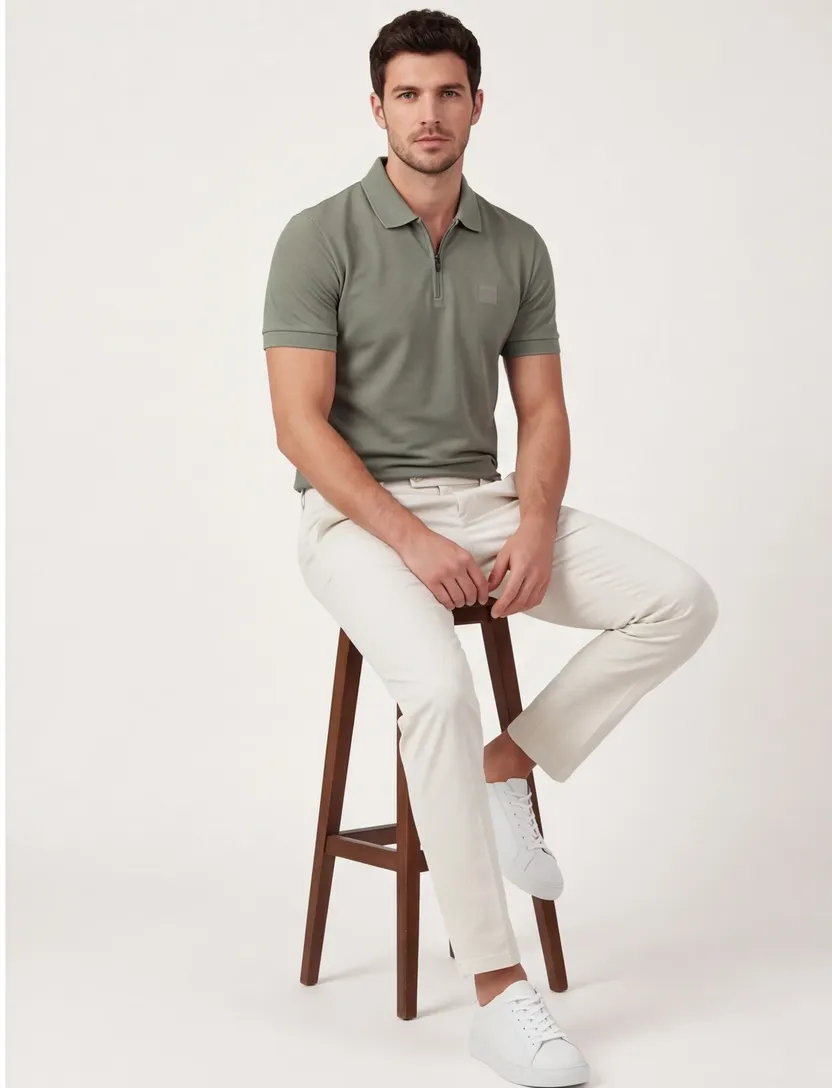 Poloshirt Boss Orange groen rits normale fit pique
