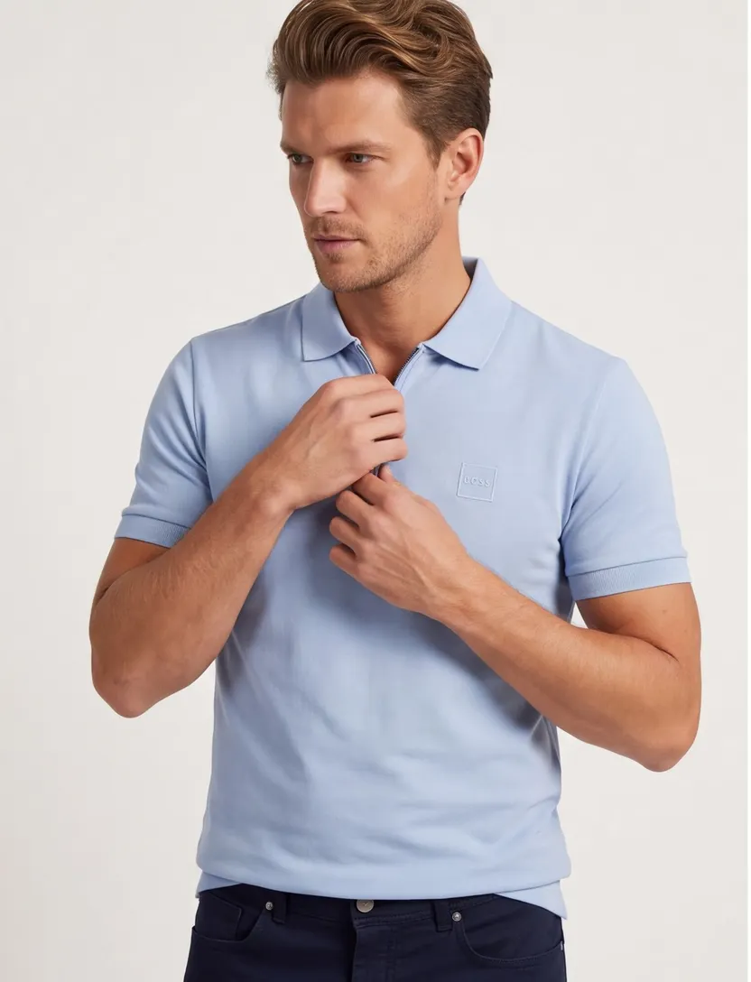 Poloshirt BOSS Orange lichtblauw rits normale fit pique