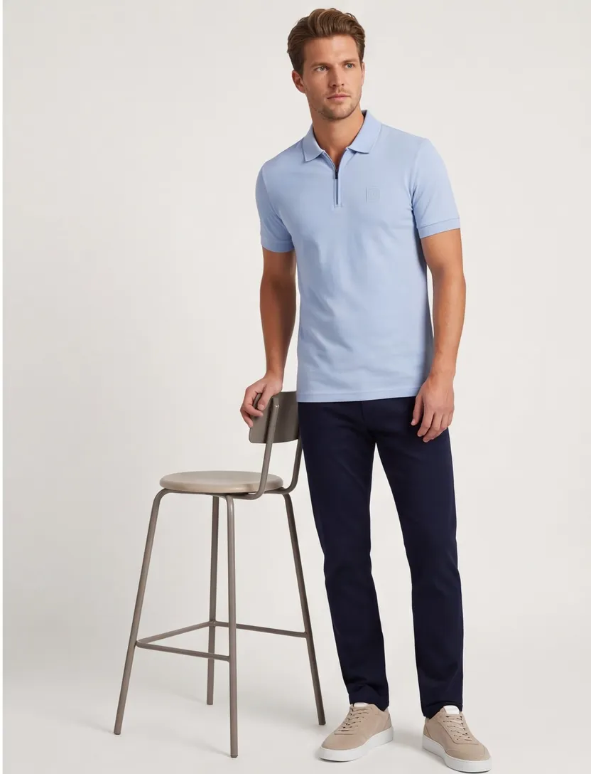 Poloshirt BOSS Orange lichtblauw rits normale fit pique