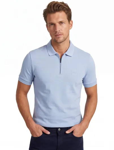 Hugo Boss Poloshirt BOSS Orange lichtblauw rits normale fit pique