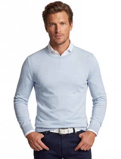 Hugo Boss BOSS Green trui structuur lichtblauw ronde hals