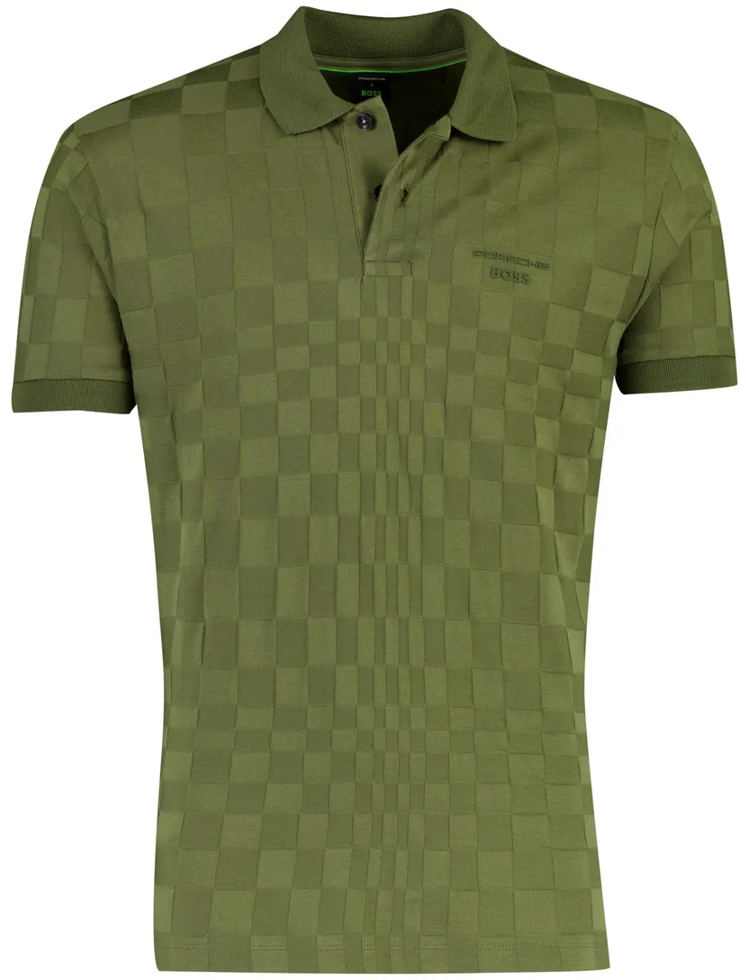 BOSS Green poloshirt donkergroen vierkant patroon gebreid