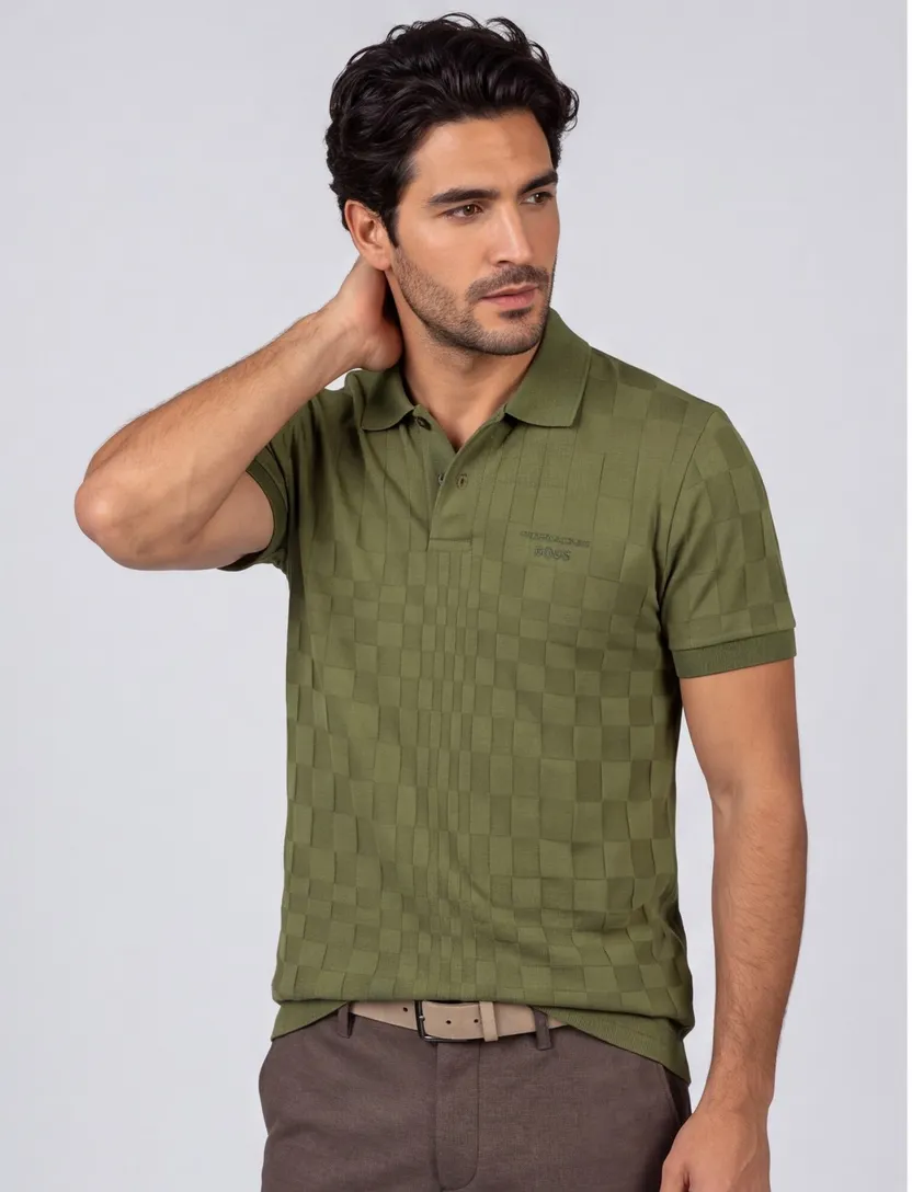 BOSS Green poloshirt donkergroen vierkant patroon gebreid