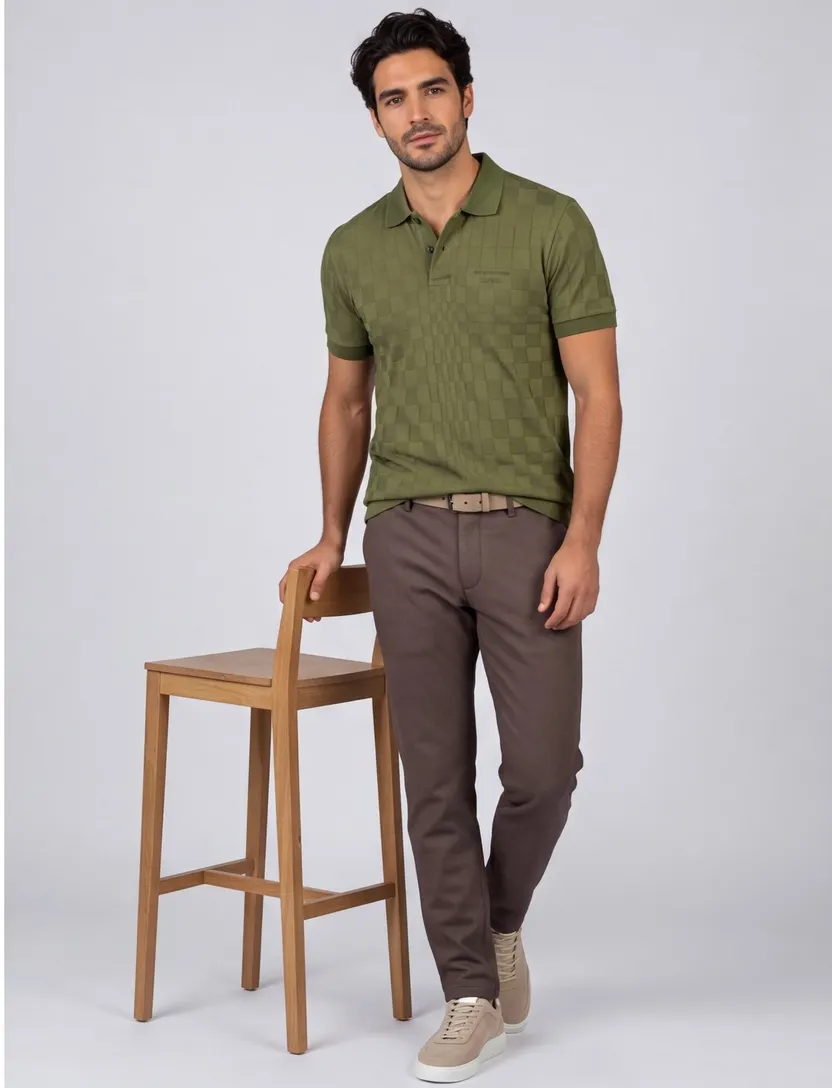 BOSS Green poloshirt donkergroen vierkant patroon gebreid