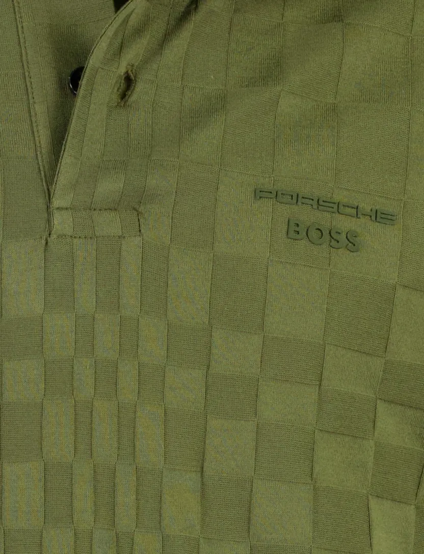 BOSS Green poloshirt donkergroen vierkant patroon gebreid