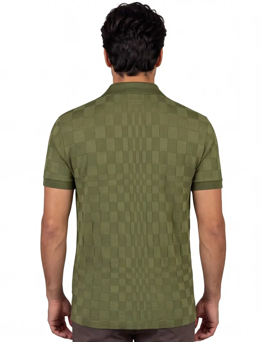 BOSS Green poloshirt donkergroen vierkant patroon gebreid