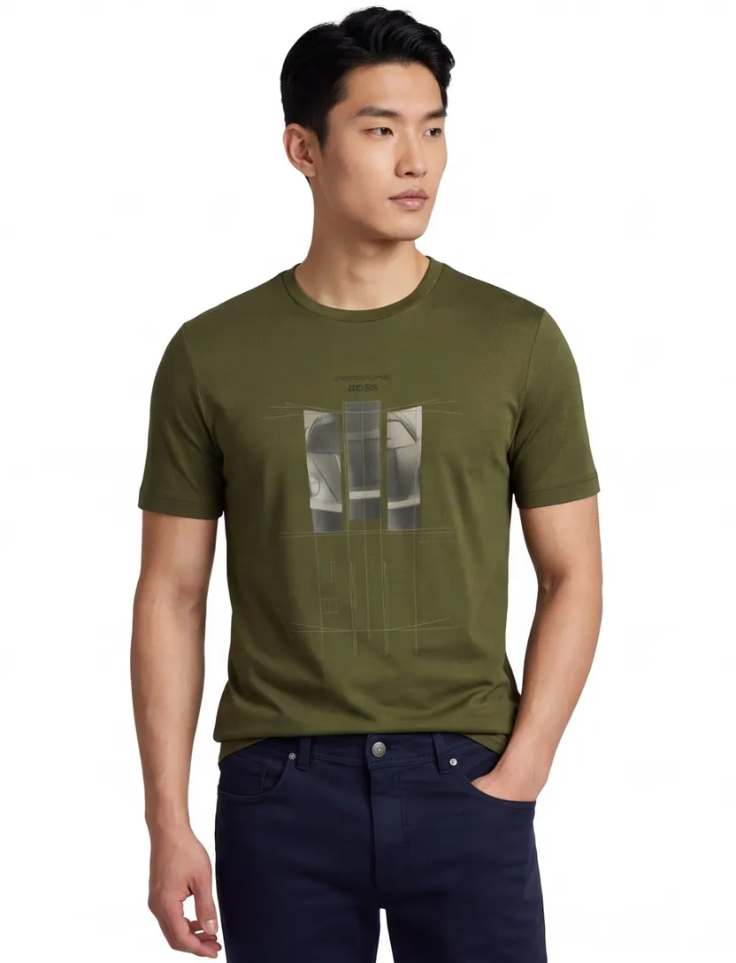 T-shirt BOSS Green porsche print donkergroen