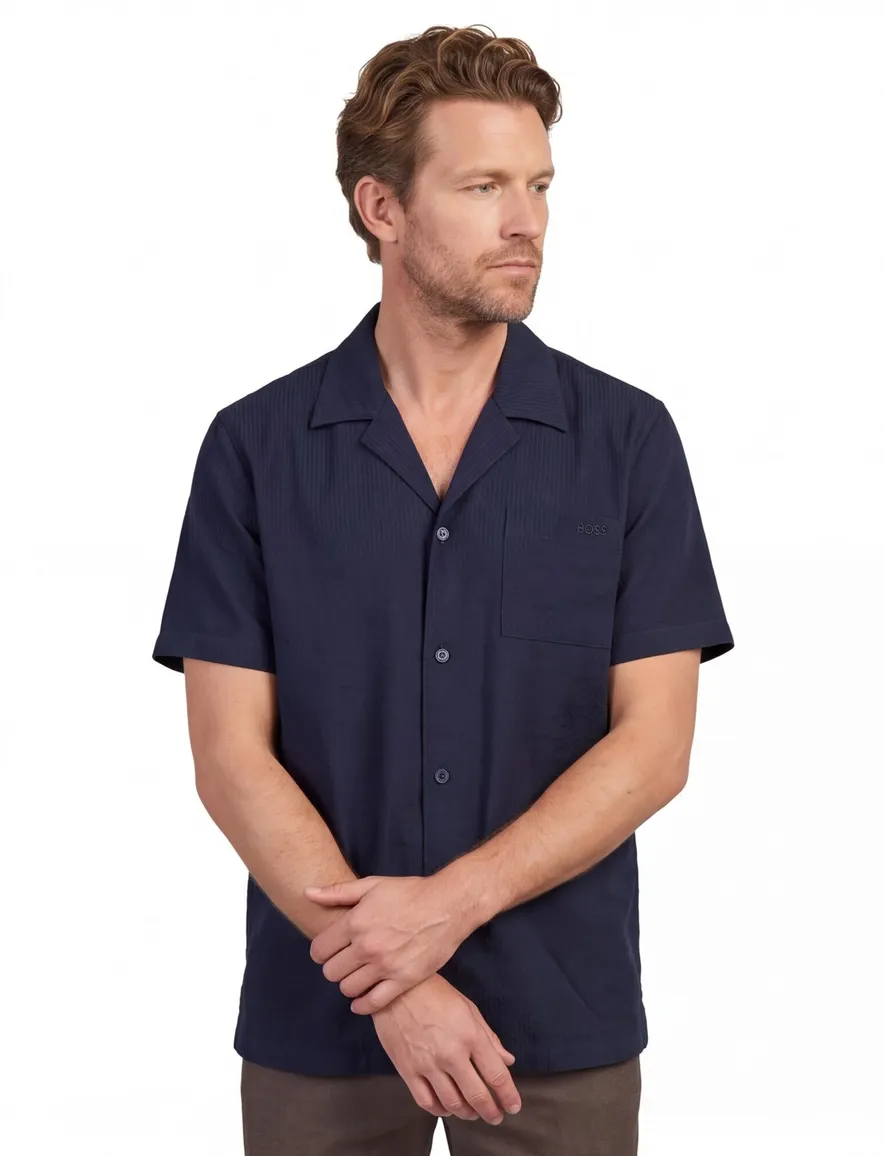 Overhemd BOSS Black donkerblauw structuur normale fit