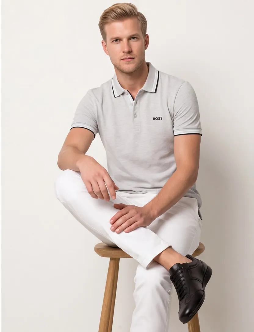 Lichtgrijs poloshirt Boss Green Paddy korte mouw gemeleerd
