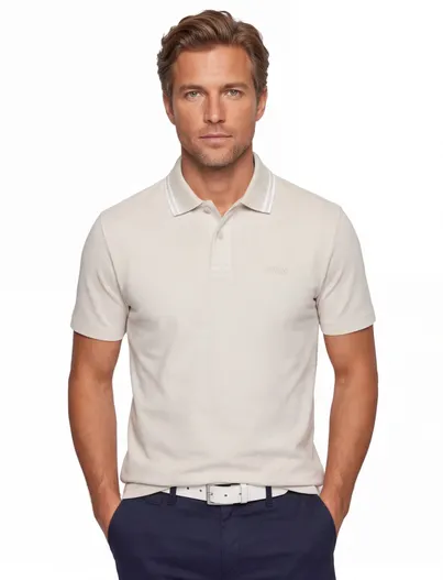 Hugo Boss Creme poloshirt BOSS Orange Peoxford New kraagranden