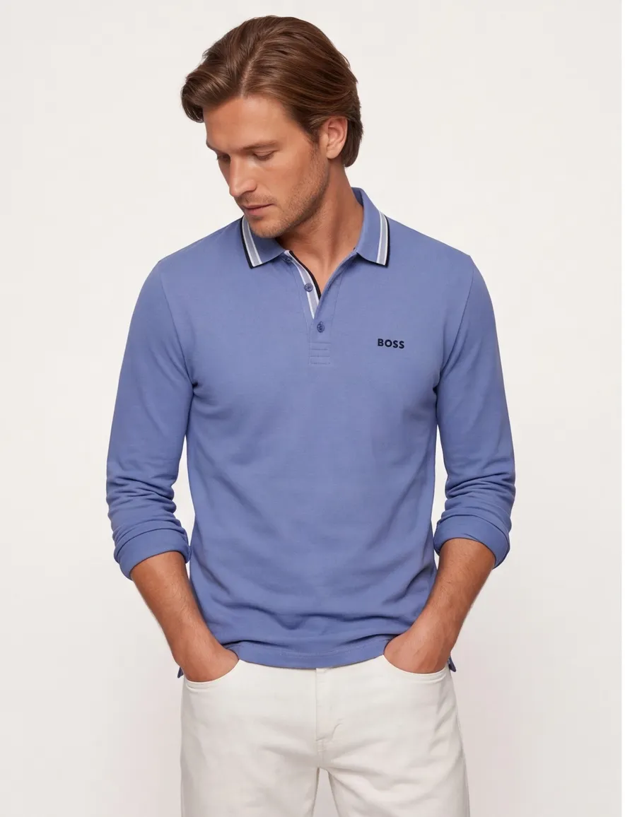 Boss Green Plisy poloshirt lange mouw blauw