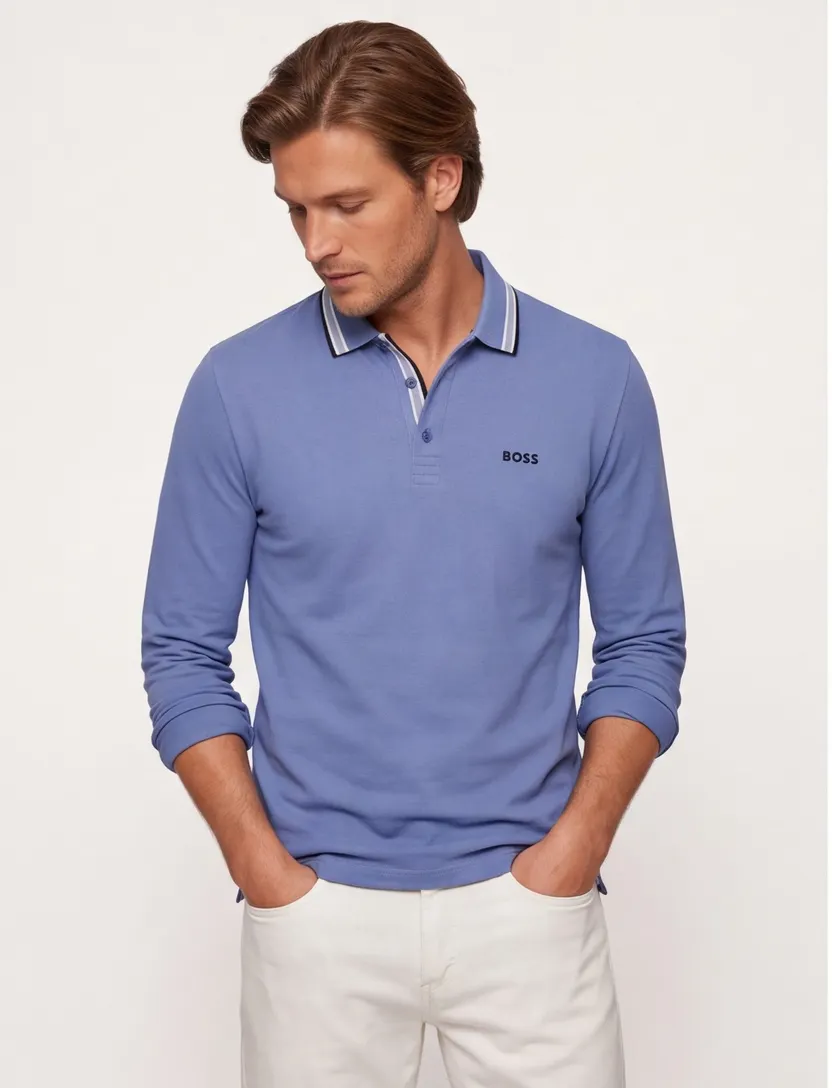 Lange mouw Plisy polo BOSS Green blauw 3-knoops