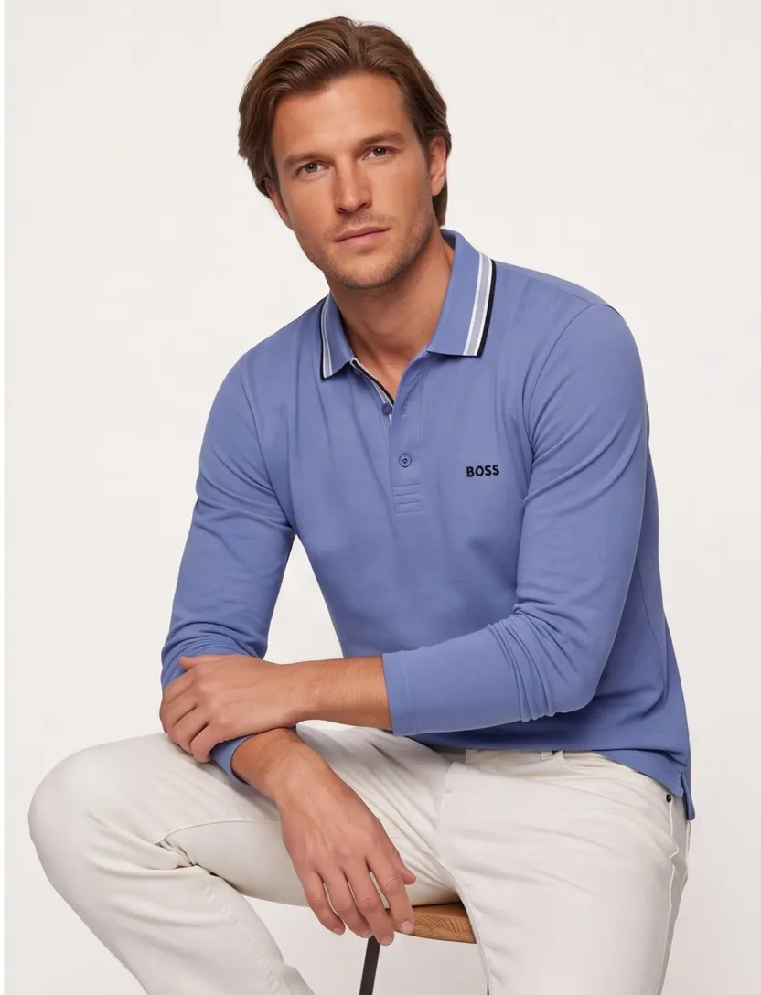 Lange mouw Plisy polo BOSS Green blauw 3-knoops