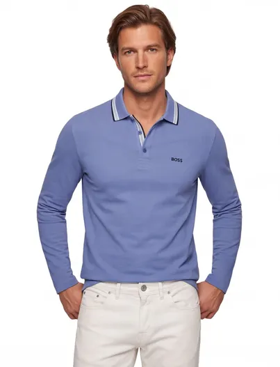 Hugo Boss Lange mouw Plisy polo BOSS Green blauw 3-knoops