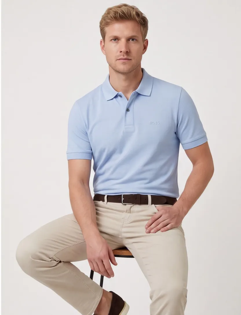 Lichtblauw pique poloshirt Boss Black Pallas korte mouwen