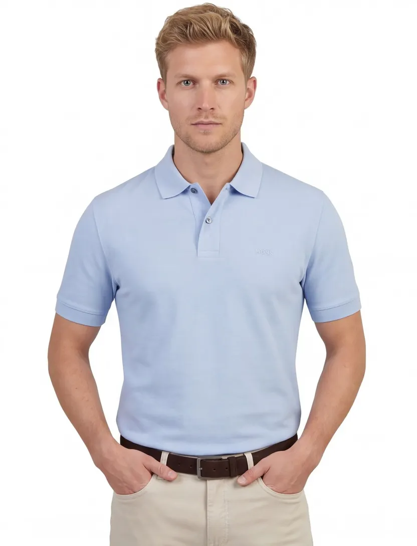 Lichtblauw pique poloshirt Boss Black Pallas korte mouwen