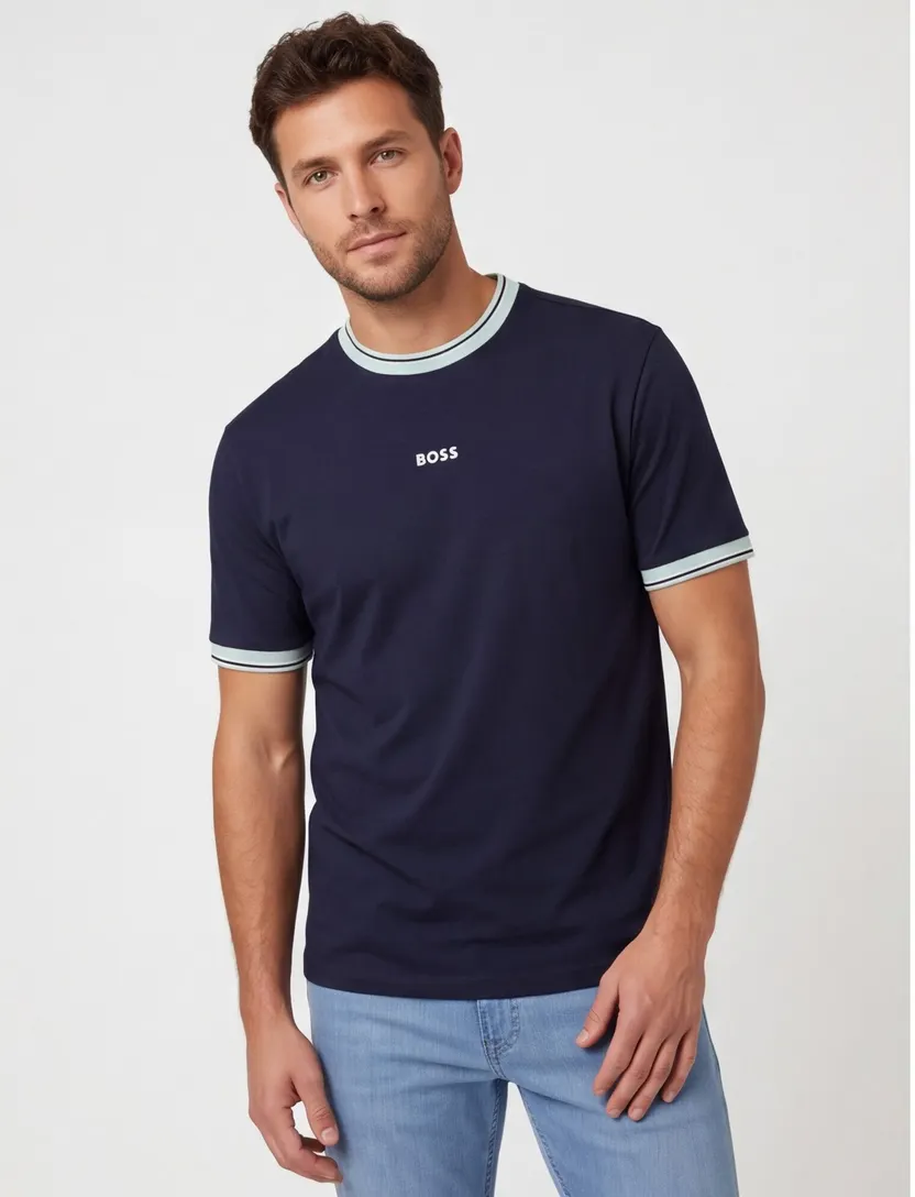 T-shirt BOSS Orange navy met lichtblauwe details ronde hals
