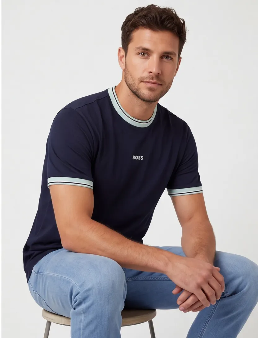 T-shirt BOSS Orange navy met lichtblauwe details ronde hals