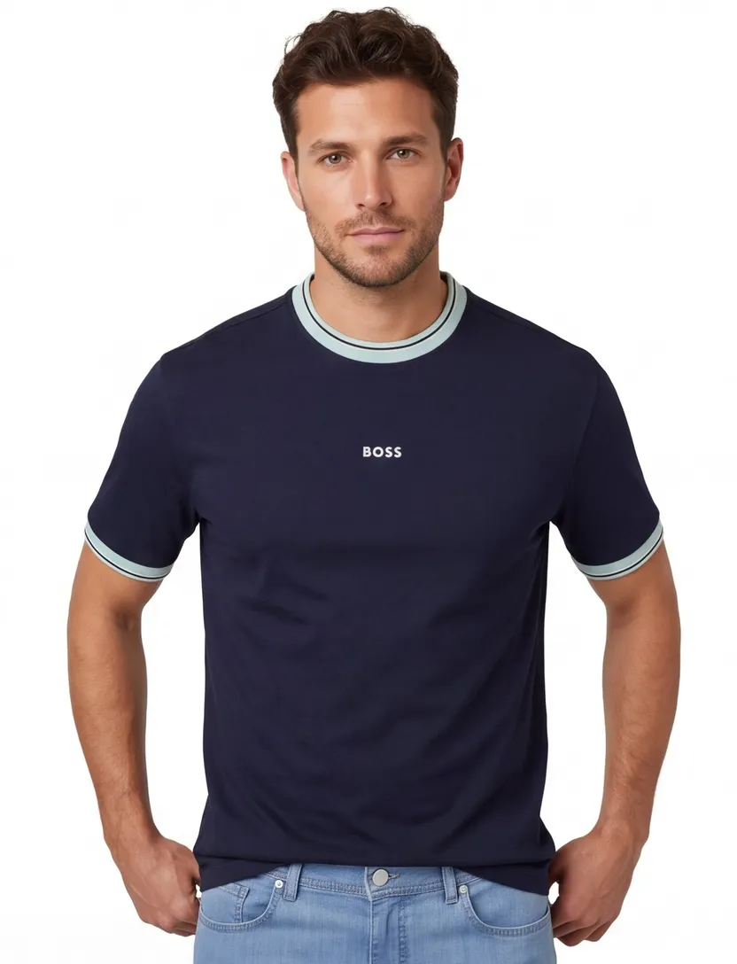 T-shirt BOSS Orange navy met lichtblauwe details ronde hals