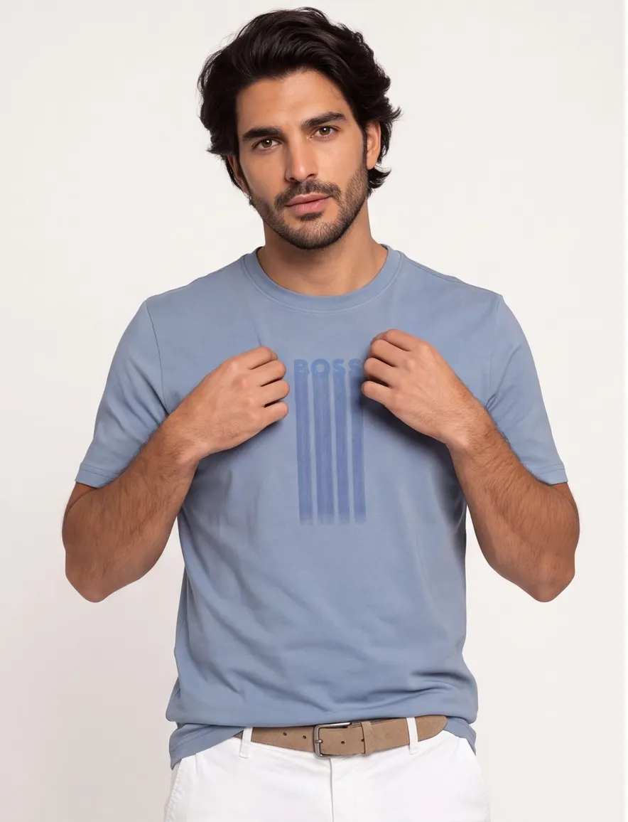Blauw t-shirt BOSS Orange opdruk ronde hals korte mouw