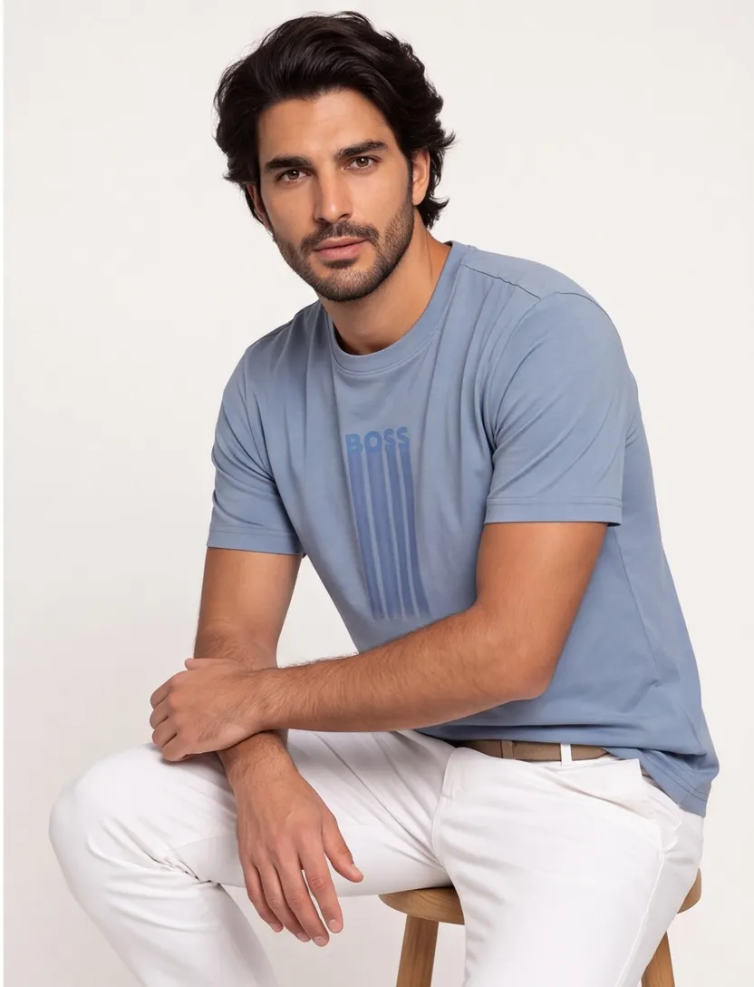 T-shirt BOSS Orange blauw met opdruk korte mouw