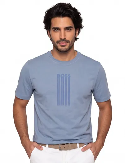 Hugo Boss Blauw t-shirt BOSS Orange opdruk ronde hals korte mouw