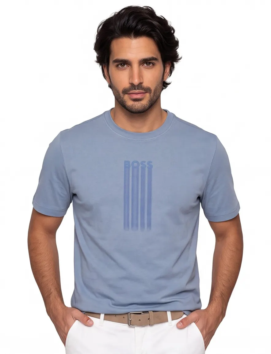 Blauw t-shirt BOSS Orange opdruk ronde hals korte mouw
