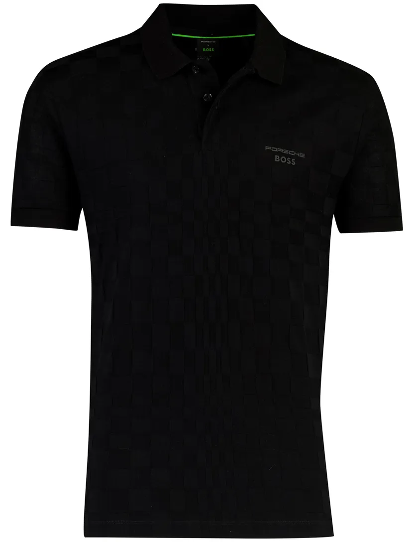 BOSS Green poloshirt zwart vierkant structuur Porsche lijn