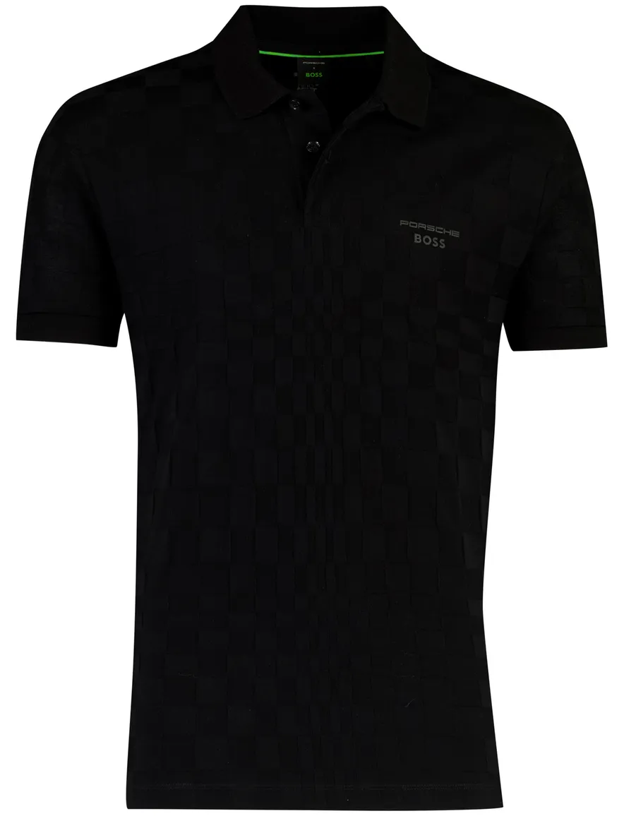 Poloshirt BOSS Green zwart vierkant structuur Porsche lijn