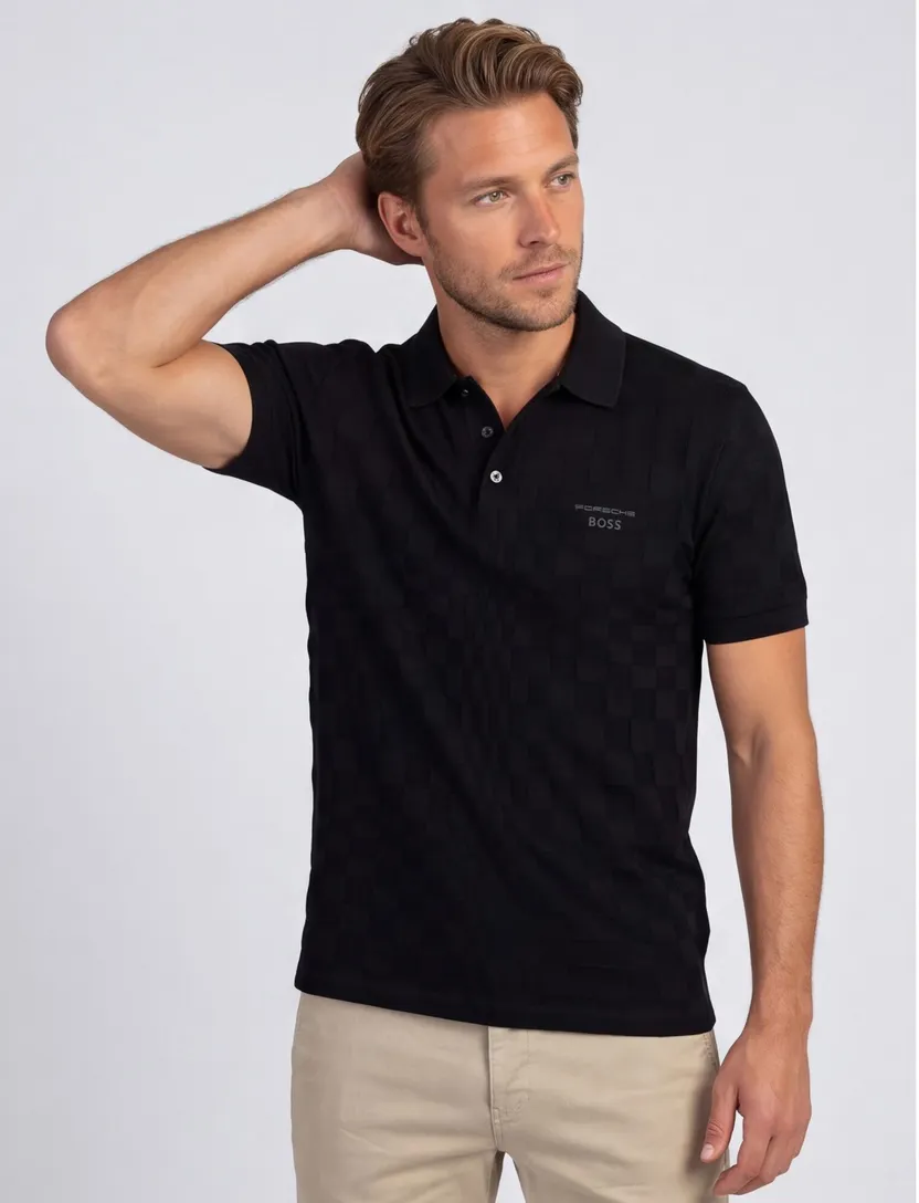 BOSS Green poloshirt zwart vierkant structuur Porsche lijn