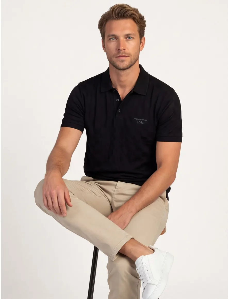 Poloshirt BOSS Green zwart vierkant structuur Porsche lijn