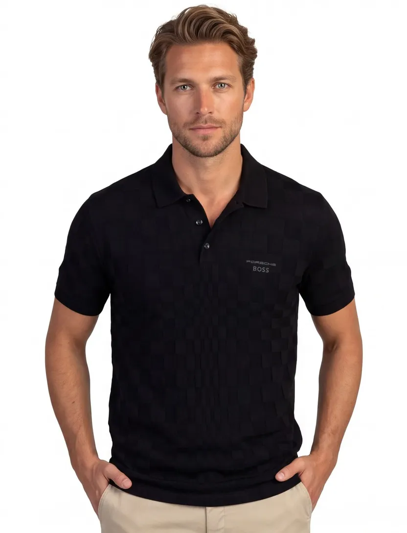 BOSS Green poloshirt zwart vierkant structuur Porsche lijn