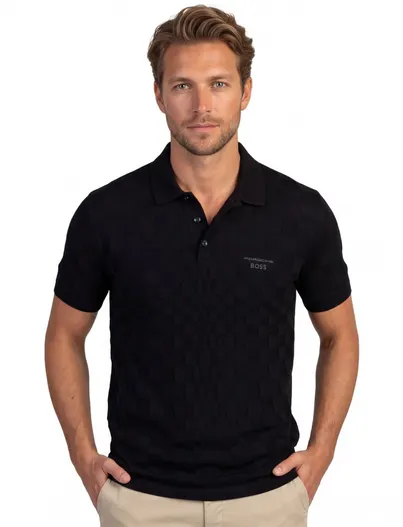 Hugo Boss Poloshirt BOSS Green zwart vierkant structuur Porsche lijn