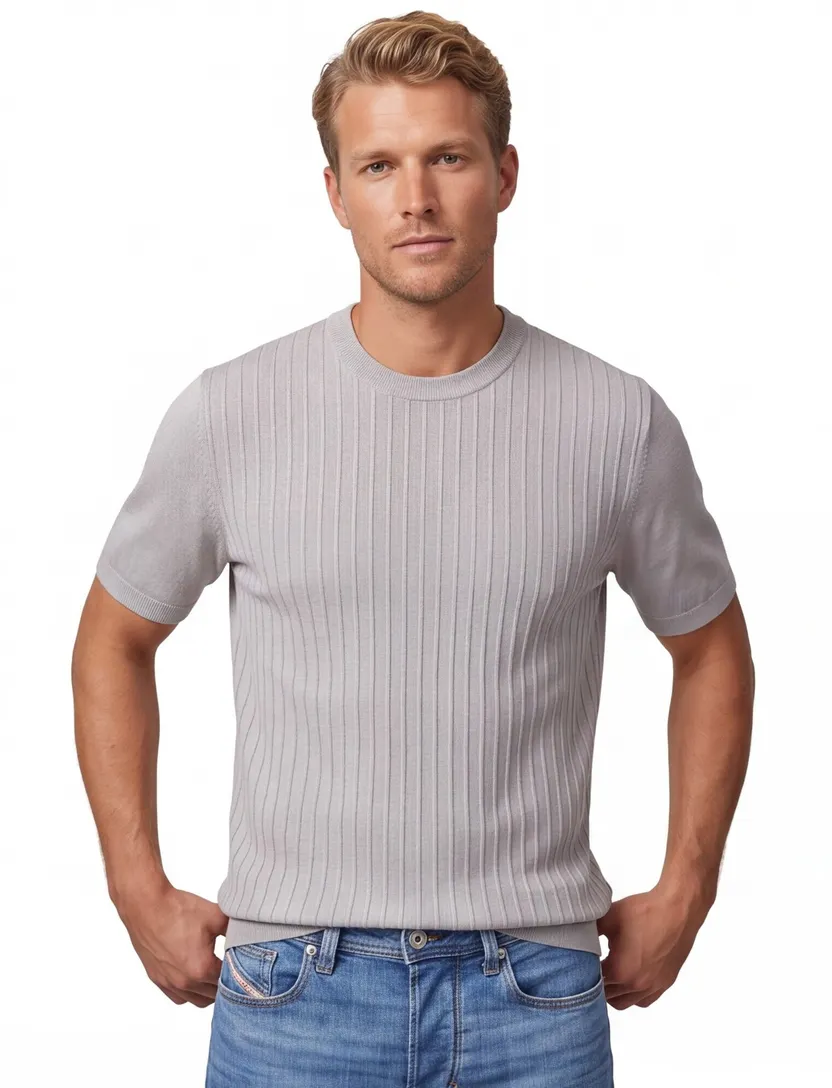 T-shirt BOSS Orange grijs structuur korte mouw ronde hals