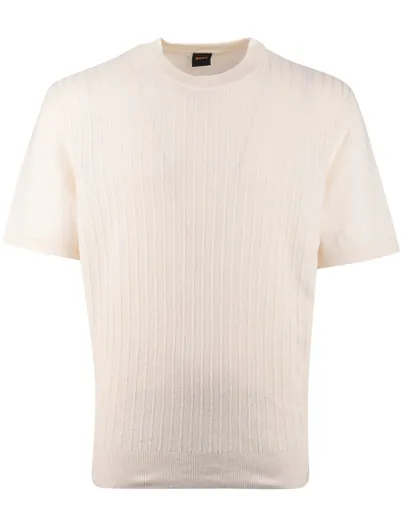 Hugo Boss Crème t-shirt BOSS Orange korte mouw linnen normale fit