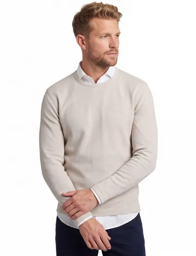 Hugo Boss beige structuur trui BOSS Orange Tempesto ronde hals effen