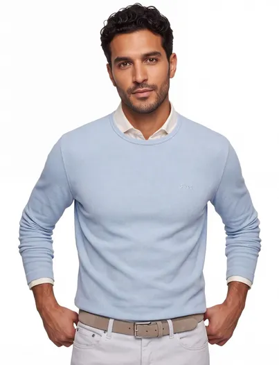 Hugo Boss lichtblauw structuur trui BOSS Orange Tempesto ronde hals effen