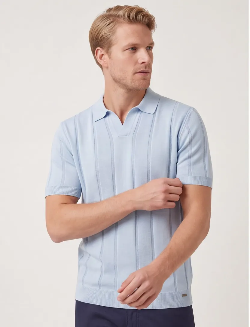 V hals poloshirt Gentiluomo lichtblauw gestreept