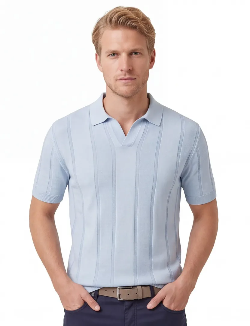 V hals poloshirt Gentiluomo lichtblauw gestreept