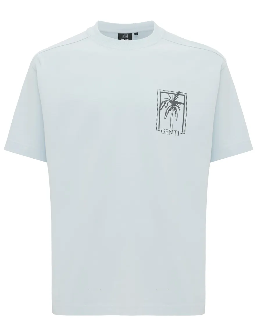 T-shirt Genti lichtblauw effen ronde hals
