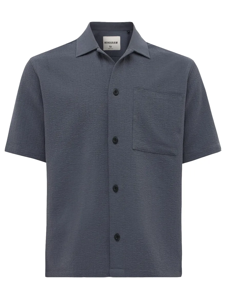 Genti Overhemd Korte mouw donkerblauw structuur