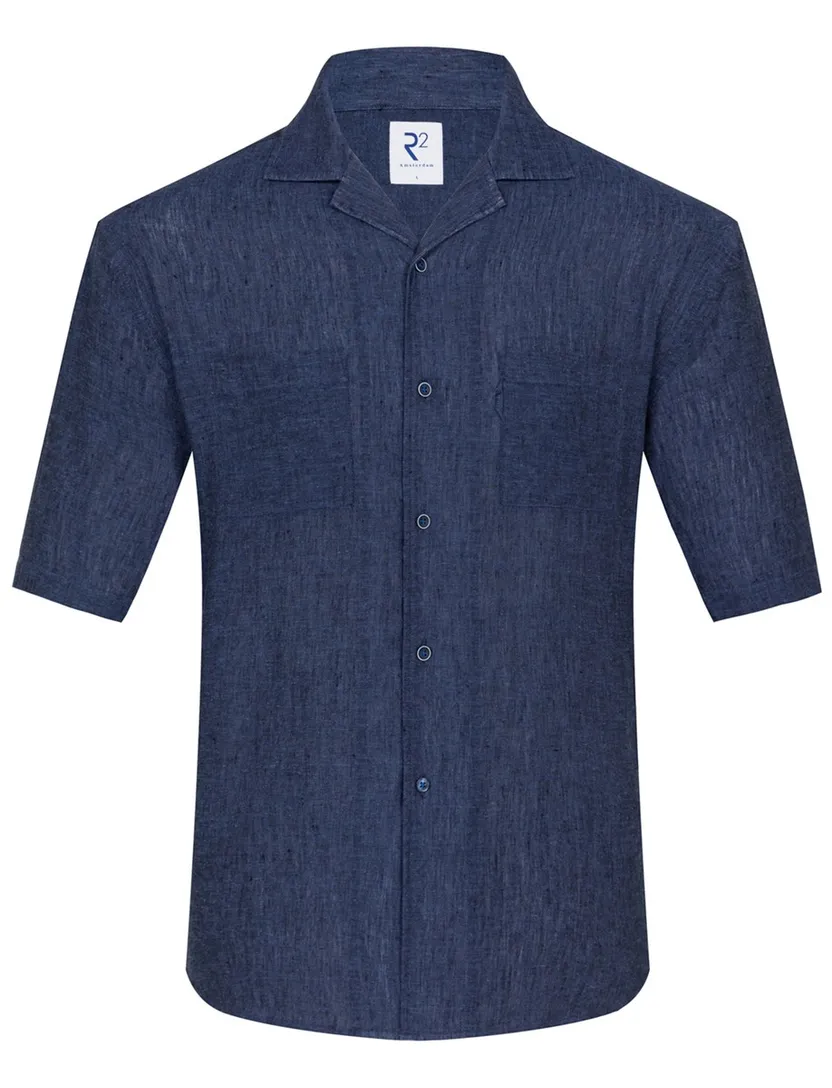 Navy linnen korte mouw R2 Amsterdam Modern Fit reverskraag