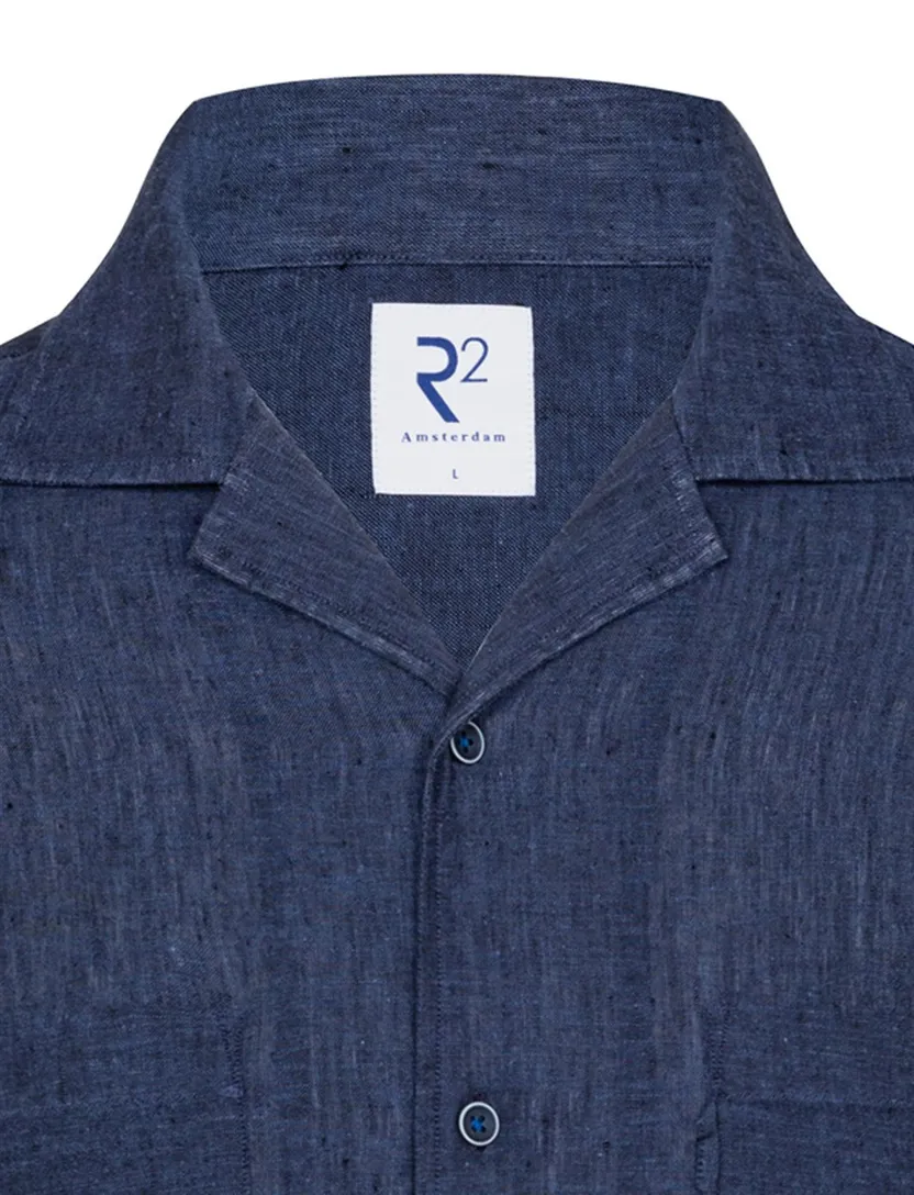Navy linnen korte mouw R2 Amsterdam Modern Fit reverskraag