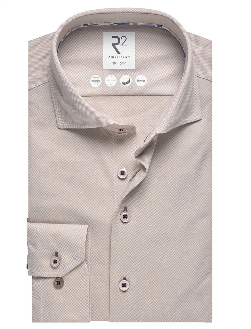 Beige R2 Amsterdam Modern Fit overhemd contrastdetails