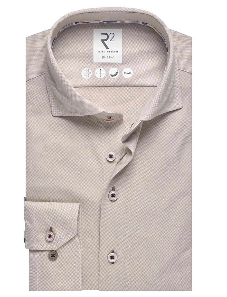 Beige R2 Amsterdam Modern Fit overhemd contrastdetails